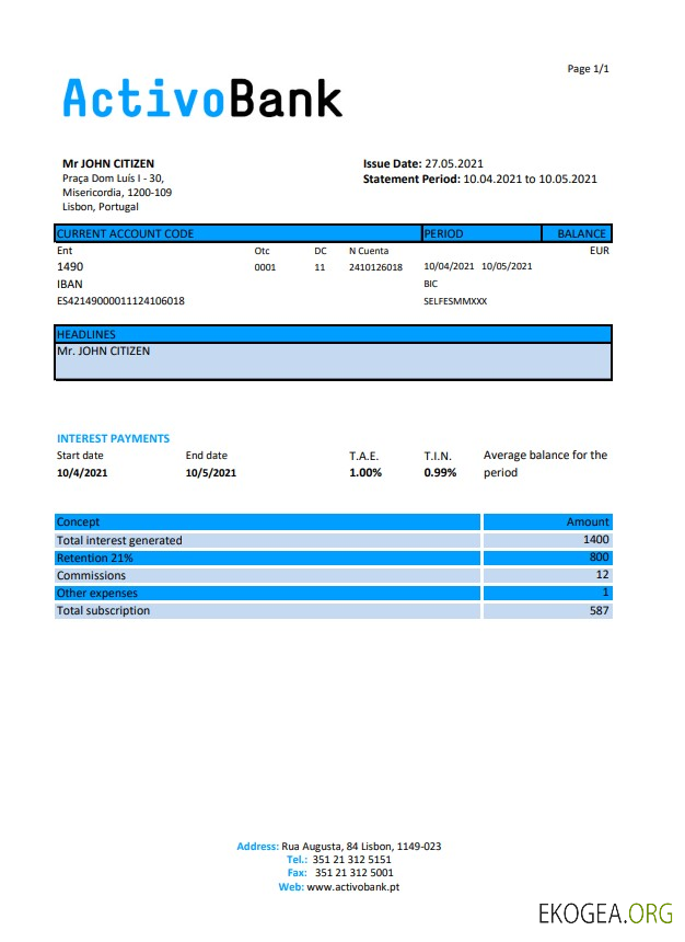 Portugal Activobank S.A. excel pdf